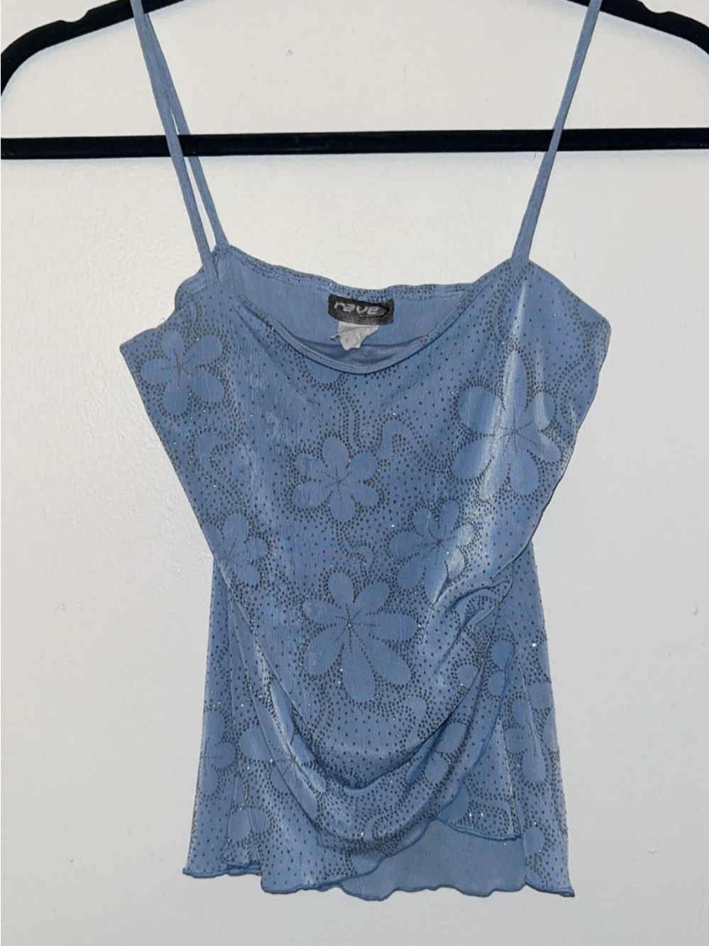 Vintage Y2K RAVE Light Blue Floral Lace Spaghetti Strap Women's Top SMALL